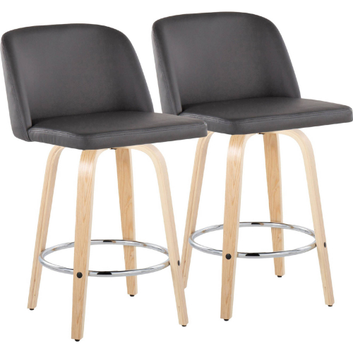 Toriano 24" Swivel Counter Stool in Natural Wood & Grey Leatherette with Chrome Footrest (Set of 2)